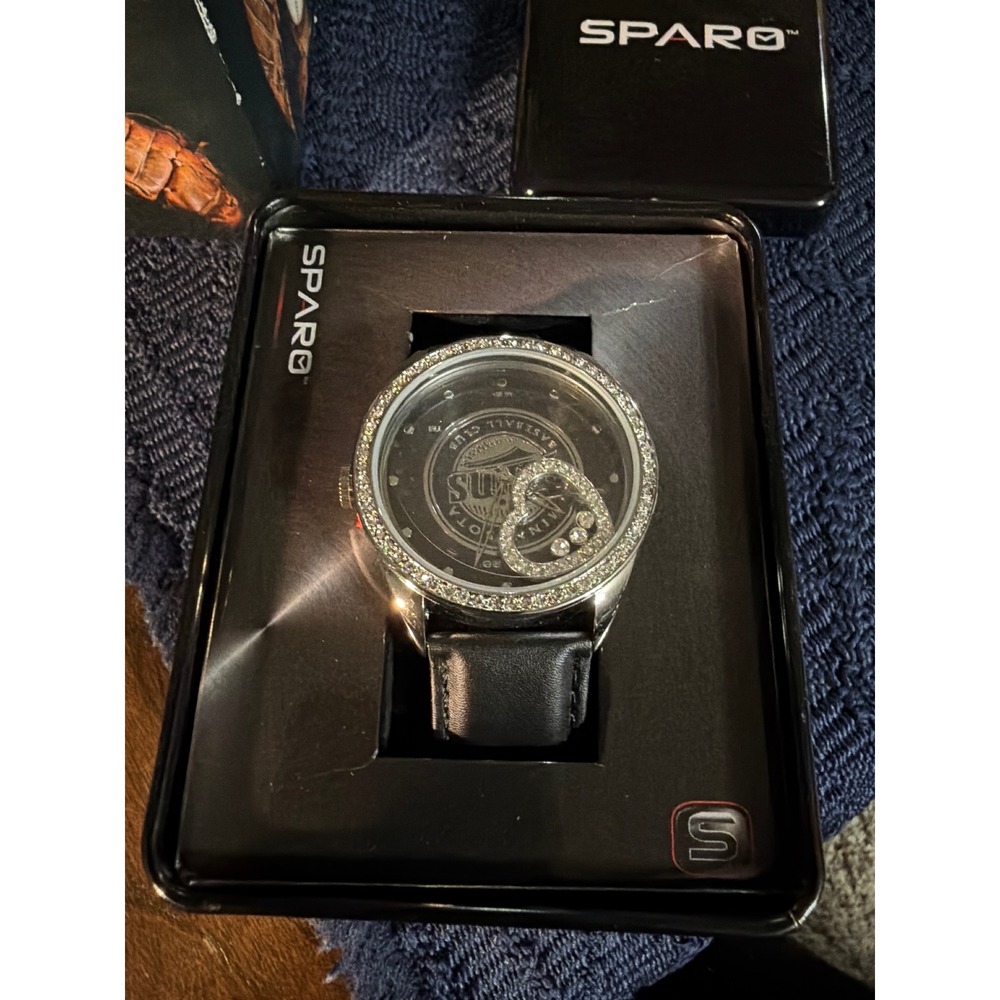Sparo Minnesota Twins MLB Watch Rhinestone Bezel Floating Heart Black Strap